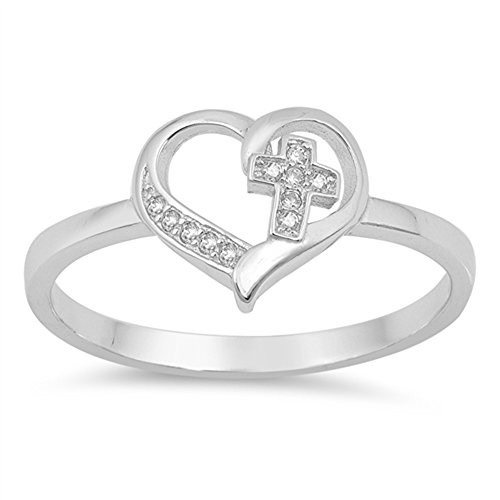Clear CZ Cross Heart Love Promise Christian Ring Sterling Silver Band Size 6