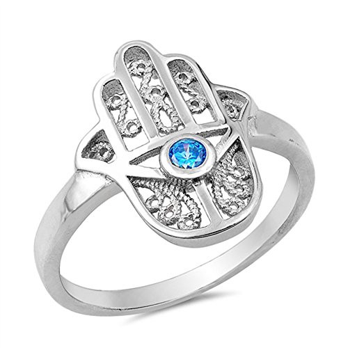 Filigree Hand of God Blue Simulated Sapphire Hamsa Ring 925 Sterling Silver Size 10