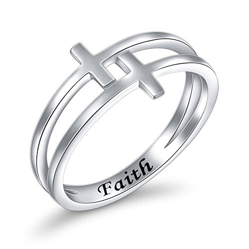Inspirational Jewelry Sterling Silver Engraved Faith Double Cross Ring Christian Fashion Band Ring for Women Mother Size 68 9