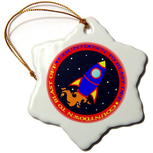3dRose orn_12153_1 Countdown to Take Off Cute Rocket Ship Red and Blue-Snowflake Ornament, 3-Inch, Porcelain