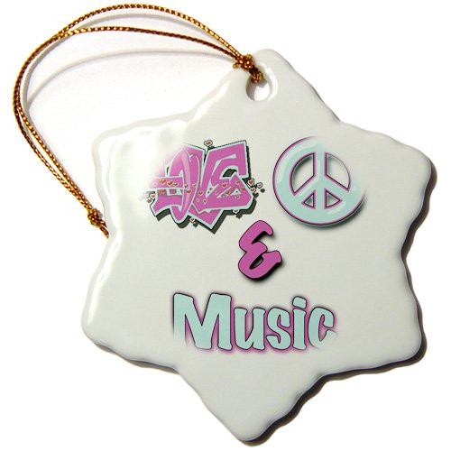 3dRose ORN_122421_1 Love Peace and Music Pastel Blue and Purple Snowflake Ornament, Porcelain, 3-Inch