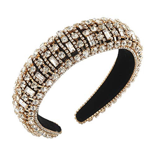 Rhinestone Crystal Velvet Padded Headband  Handmade Baroque Rhinestone Hairband for Women Diamond Bejewelled Velvet Hair Hoop for Parties Wedding Headpieces Gold Rhinestone