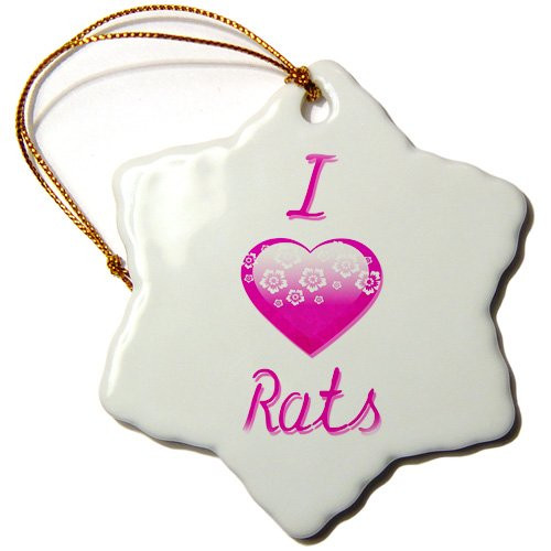 3dRose ORN_121752_1 Pretty Pink Flowery I Love Rats Snowflake Ornament, Porcelain, 3-Inch