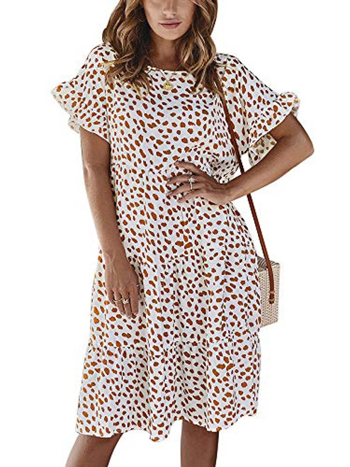 Sobrisah Womens Casual Round Neck Short Sleeve Polka Dot Print Loose ALine Ruffle Swing Midi Dress White Tag XL