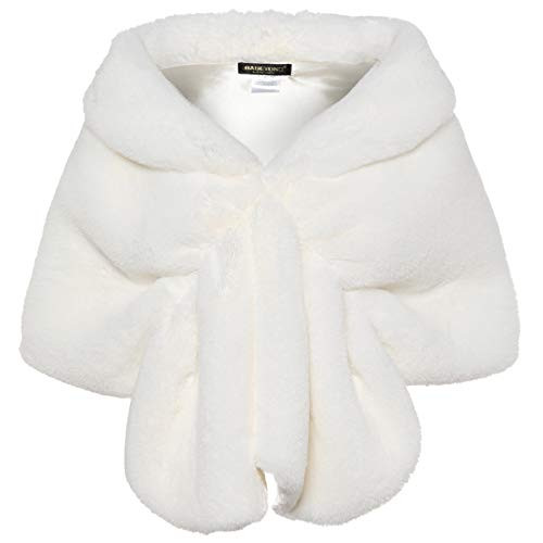 BABEYOND Womens Faux Fur Collar Shawl Faux Fur Scarf Wrap Evening Cape for Winter Coat White Small