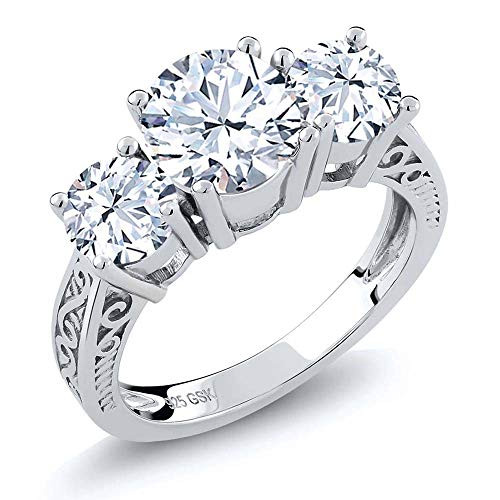 Gem Stone King 925 Sterling Silver White Topaz Gemstone Birthstone 3Stone Womens Engagement Ring 290 Ct Round Cut Size 6