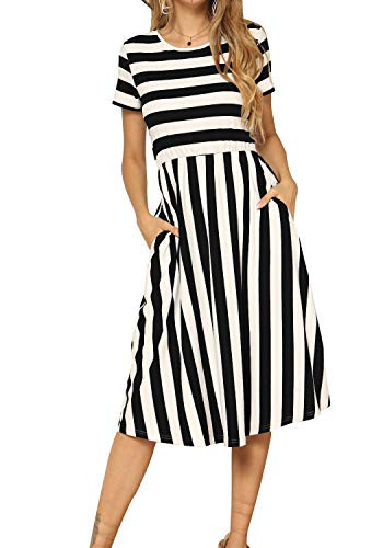 levaca Womens Short Sleeve Striped Swing Pockets Slim Fit Midi Dress Black S