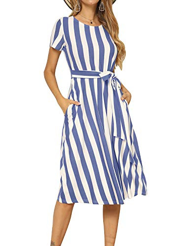 levaca Womens Casual Striped Loose Flowy Belt Tunic Work Midi Dress Light Blue S