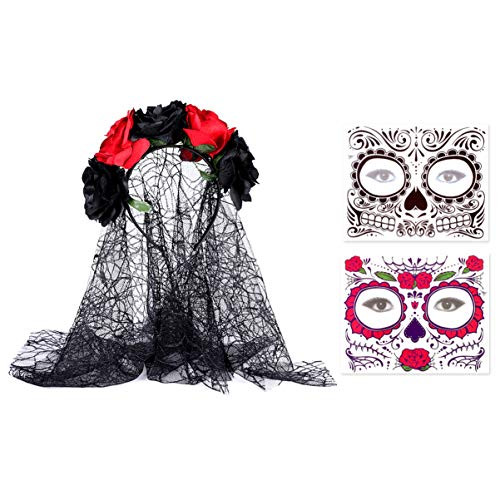 FRCOLOR Day of The Dead Headband Rose Mexican Flower Crown Veil Headband Headpiece with 2Pcs Halloween Temporary Face Tattoos Dead Sugar Skull Tattoos for Costume Halloween Party FRCOLOR Day of The Dead Headband Rose Mexican Flower Crown Veil Headband Headpiece with 2Pcs Halloween Temporary Face Tattoos Dead Sugar Skull Tattoos for Costume Halloween Party