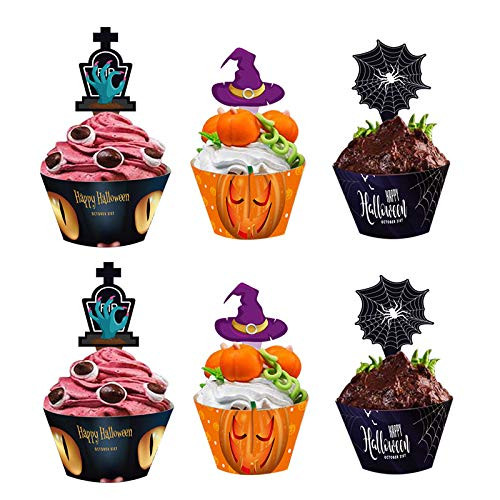 VANVENE 48 Pieces Halloween Cake Picks Cupcake Toppers Wrappers Cupcake With Spider Witchs Hat and Zombie Hand for Halloween Party Cake Dessert Decorations