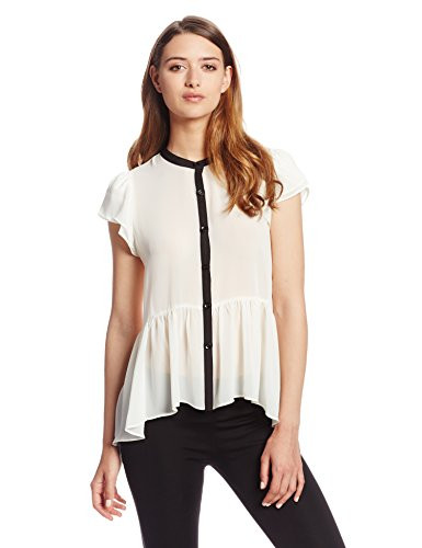 BCBGeneration Womens Flutter Sleeve Button Up Off White XSmall