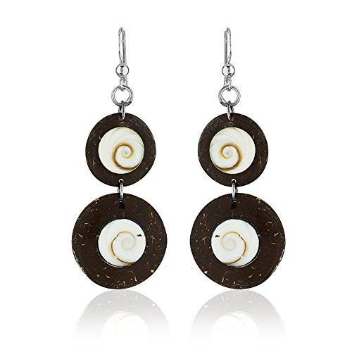925 Sterling Silver Shiva Shell and Coconut Wood Double Circles Dangle Earrings