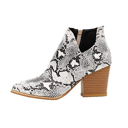Milky Way Womens Ankle Boots Slip on Cutout Pointed Toe Snakeskin Chunky Stacked Mid Heel Booties Snakeskin Pattern9