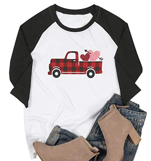 Valentines Day T Shirt for Women Plaid Truck Love Heart Graphic Print TShirt Splicing Raglan 34 Sleeve Baseball Tee Tops Black