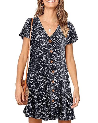 Chuanqi Womens Polka Dot V Neck Button Down Ruffles Casual Loose Swing Short Mini TShirt DressMedium ZNavy
