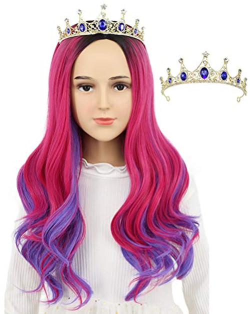 VGbeaty Kids Child Long Curly Black Gradient Pink and Purple Wig with Blue Crown Halloween Cosplay Costumes Anime Party Wig VGbeaty Kids Child Long Curly Black Gradient Pink and Purple Wig with Blue Crown Halloween Cosplay Costumes Anime Party Wig