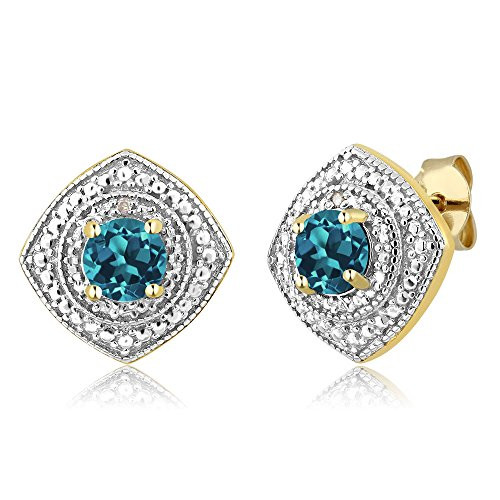 Gem Stone King 100 Ct London Blue Topaz and Diamond Accent 18K Yellow Gold Plated Silver Studs