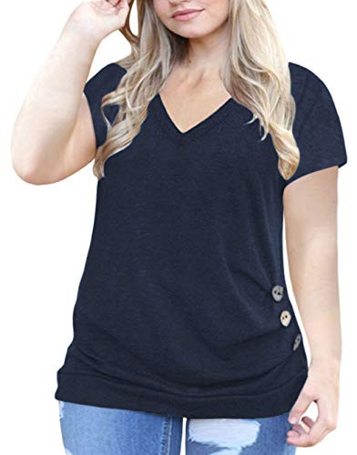 Plus Size Tops for Women 3X Short Sleeve T Shirts with Buttons Navy Blue 24W