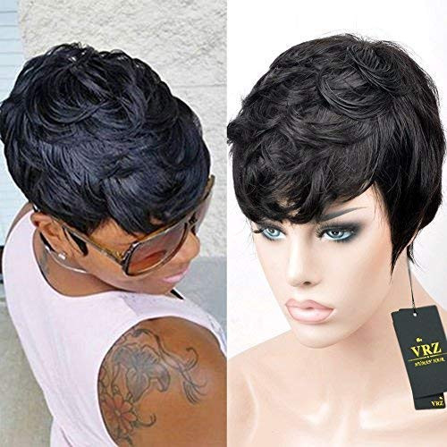 VRZ Short Black Human Hair Wigs with Bangs Pixie Cut Layered Wavy Wigs Women short Curly Wigs 1B Color