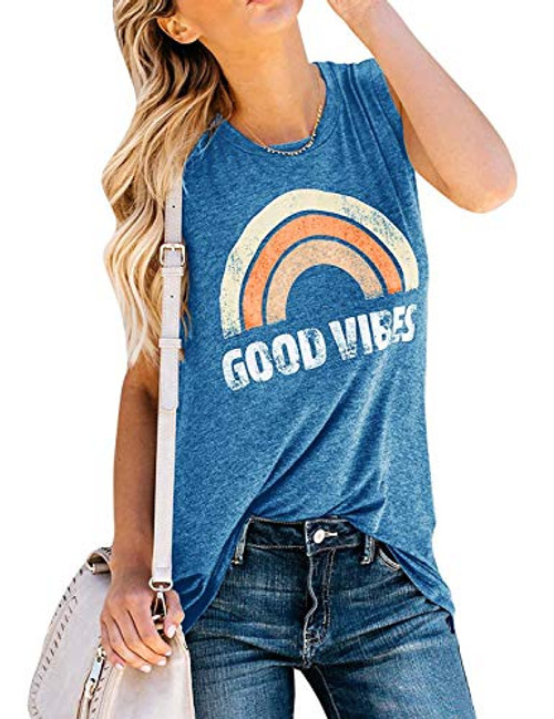 IRISGOD Womens Tank Tops Graphic Tees Good Vibes Loose Fit Sleeveless Crew Neck T Shirts Tops Blue IRISGOD Womens Tank Tops Graphic Tees Good Vibes Loose Fit Sleeveless Crew Neck T Shirts Tops Blue