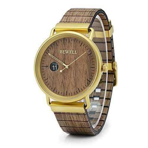 BEWELL Wood Watch Men Women Simple Minimalist Leather Wooden Strap Date Display Quartz Wrist Watches