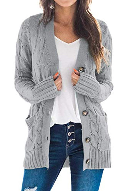 papasgix Women Cable Knit Cardigan Long Sleeve Open Front Button Down Chunky Knitwear Sweater Coat with Pockets Grey