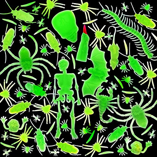 Whaline 150Pcs Glow in The Dark Insects Halloween Glow Bugs Plastic Party Prank Bugs Skull Spider Bat Scorpion Mouse Finger Centipede Cockroaches Ants Maggot for Kids Adults Birthday Prizes