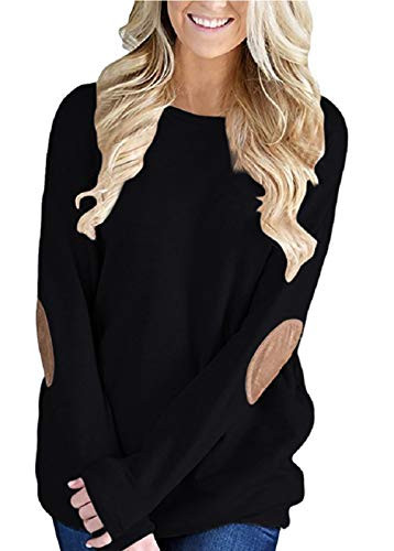 YIOIOIO Women Casual Loose Long Sleeve Solid Color Crewneck Elbow Patch Sweatshirt Tunic Tops Black