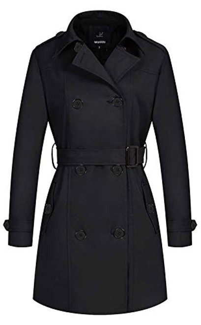 Wantdo Womens Tan Trench Coat Long Jacket with Belt Black Large