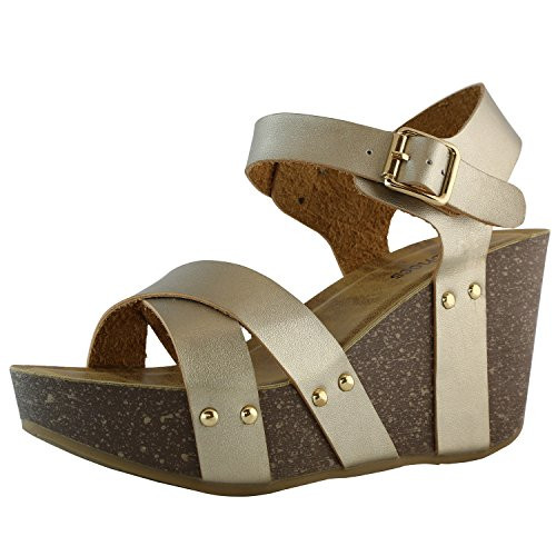 DailyShoes Chunky Slide On Wedge Heels High Sandals Ankle Strap Open Toe Platform Classic Decoration Buckle Wedges Waverly05 Champ Pu 75