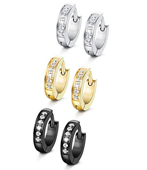 Jstyle 3 Pairs Stainless Steel Hoop Earrings for Women Mens Huggie CZ Earrings Ear Piercing 13MM