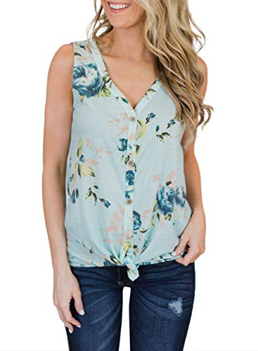 Dokotoo Womens Floral Print Summer Sleeveless V Neck Button Down Fashion Solid Blouses Tie Knot Tank Tops Casual Henley Shirts XLarge