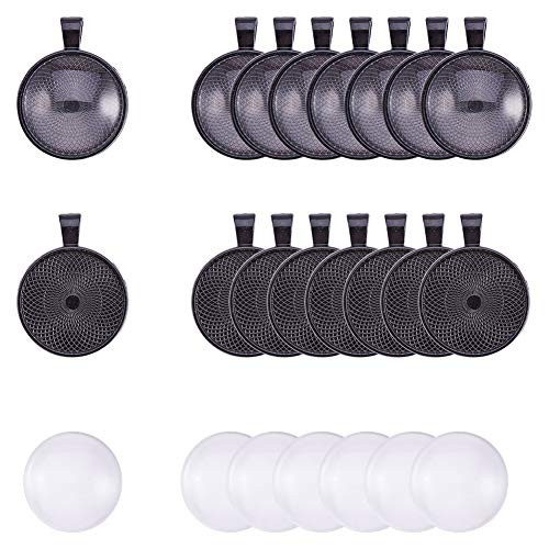 PH PandaHall 30pcs 25mm Round Black Blank Bezel Pendant Trays 30pcs Transparent Glass Cabochon Settings for Cameo Photo Necklace Jewelry Making