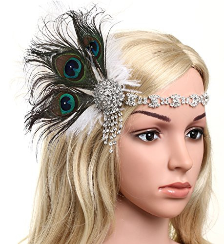 BABEYOND 1920s Flapper Headband Roaring 20s Headpiece Gatsby Peacock Feather Headpiece with Crystal Peacock