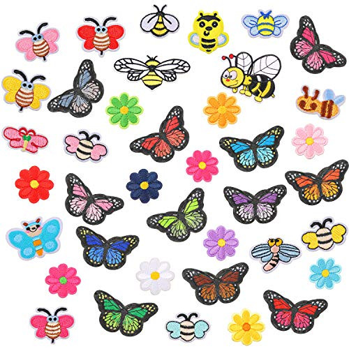 42 Pieces Flowers Butterfly Bee Patches Iron on Applique Embroidered Sew Applique Repair Patch for Jeans Bag Clothes Sew on Applique Patch