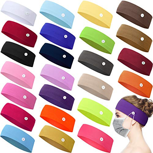 24 Pieces Button Headband Nonslip Elastic Ear Protection Holder Headband Stretchy Yoga Sports Hairband Headwrap with Button for Men Women Assorted 24 Colors
