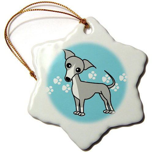 3dRose orn_12090_1 Cute Italian Greyhound Grey Blue Pawprint Background-Snowflake Ornament, 3-Inch, Porcelain