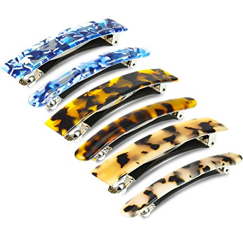6 Pieces Tortoise Shell Cellulose Acetate Hair Barrettes Skinny French Barrettes Automatic Rectangle Hair Clips Medium French Snap Hair Barrettes for Women Girls Thick Medium Hair