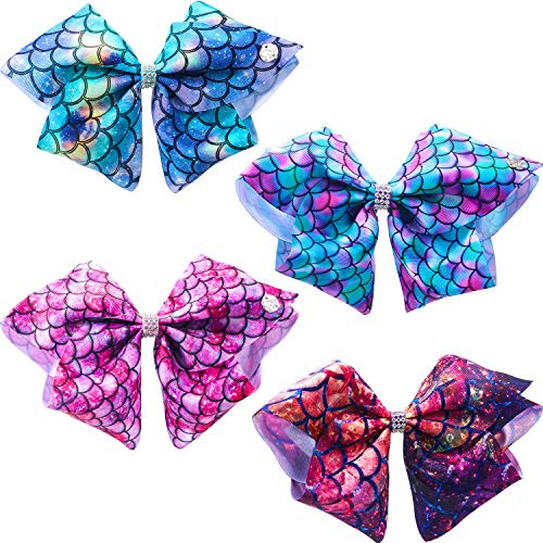 4 Pieces Mermaid Bows Mermaid Style Hair Bows 8 Inch Large Ribbon Hair Bows Hair Clips Glitter Sequin Hair Bows Hair Barrettes for Girls Women Hair Accessories