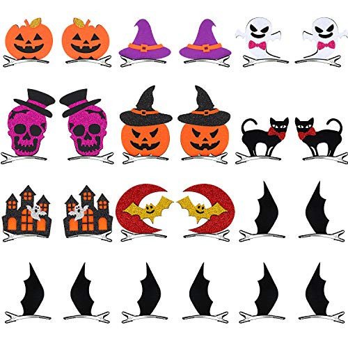 24 Pieces Halloween Cartoon Hair Clips Bat Pumpkin Ghost Cat Hat Design Hair Pins Hair Accessories Costume Props for Halloween Party Supplies 9 Patterns