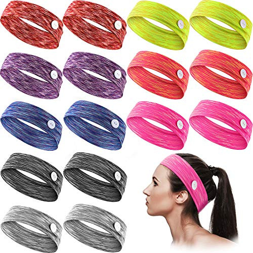 16 Pieces Elastic Button Headbands Yoga Sports Hairbands with Buttons Nonslip Wide Headbands Headwraps for Women Men Running Sports Travel
