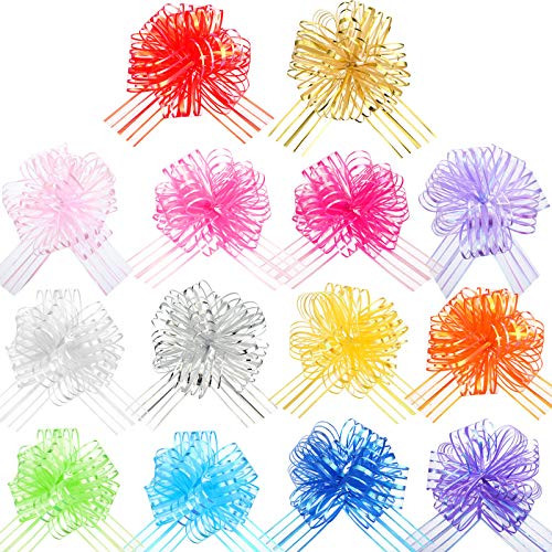 Large Organza Pull Bow Multicolor Wrapping Pull Bow with Ribbon for Wedding Gift Baskets 6 Inches Diameter 14 Pieces