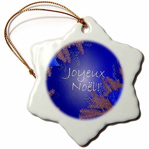 3dRose orn_8673_1 Christmas Poinsettia Joyeux Noel in Blue Porcelain Snowflake Ornament, 3-Inch
