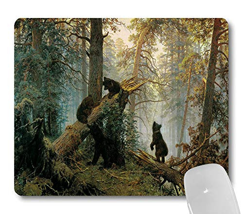 Wknoon Morning in a Pine Forest with Bears Oil Painting Art Mouse Pad Wild Animal Black Bear Old Woods Forest Mouse Pads