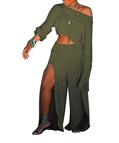 Ophestin Women Casual Solid 2 Piece Outfits Jumpsuits Long Sleeve Crop Top Slit Wide Leg Pants Set Tracksuits Green L