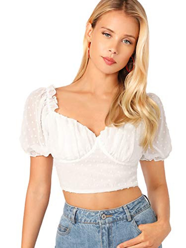 WDIRARA Womens Lace Ruffle Puff Short Sleeve Sweetheart Neck Casual Top Blouse White 2 S