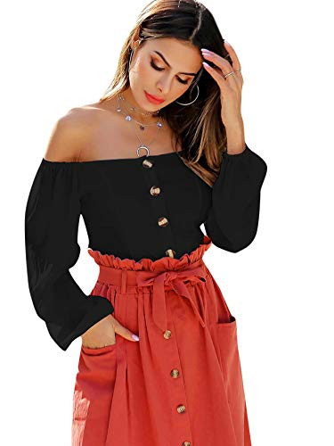 WDIRARA Womens Casual Off The Shoulder Button Front Solid Long Sleeve Blouses Black S