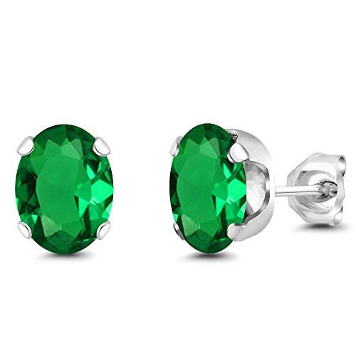 Gem Stone King 100 Ct 8X6MM Green Simulated Emerald Silver Plated Brass Stud Earrings For Women