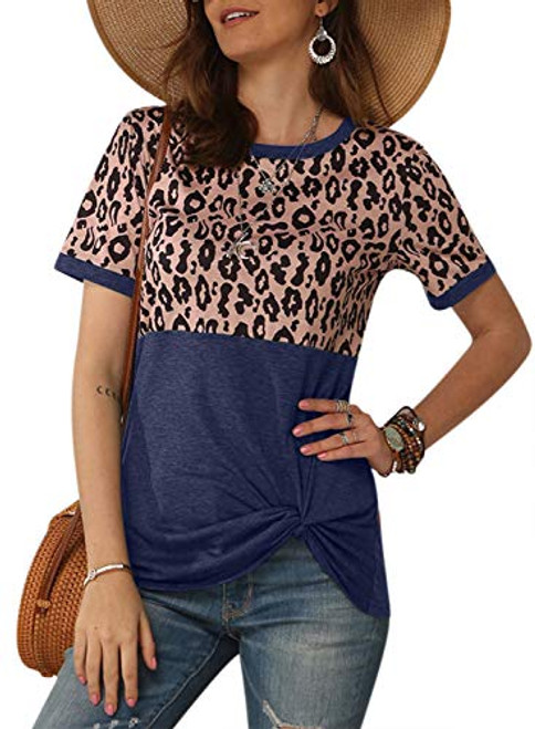 WOOSEA Womens Summer Casual Short Sleeve Shirts Leopard Print Stripe Twist Knot Color Block Tunic T Shirt Tops WOOSEA Womens Summer Casual Short Sleeve Shirts Leopard Print Stripe Twist Knot Color Block Tunic T Shirt Tops