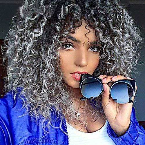 PEACOCO Curly Afro Wig with Bangs Shoulder Length Wig Gray Curly Wig Afro Kinkys Curly Hair Wig Synthetic Mixed Wigs Short Curly Full Wigs for Black Women PEACOCO Curly Afro Wig with Bangs Shoulder Length Wig Gray Curly Wig Afro Kinkys Curly Hair Wig Synthetic Mixed Wigs Short Curly Full Wigs for Black Women